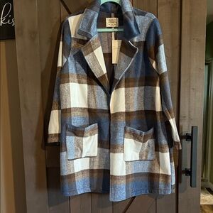 Ashley By 26 International Blue and Brown Plaid Trench Coat